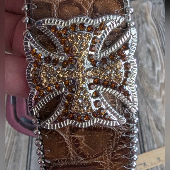 Moc-crocodile Leather Belt Amber Crystals And Crosses Excellent Condition - Picture 14 of 14